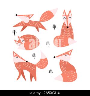 Set of cute foxes isolated on white background. Sweet woodland animals in trendy scandinavian style. Vector illustartion. Stock Vector