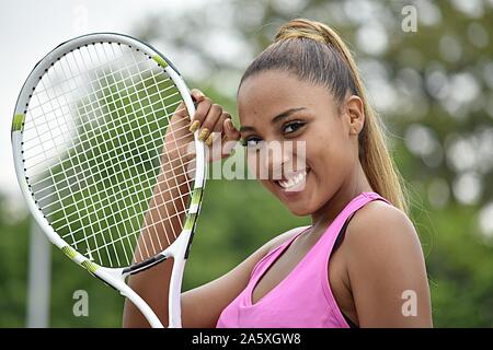 Fit Girl Tennis Player And Happiness Stock Photo