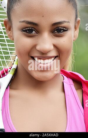 Hispanic Girl Tennis Player Smiling Stock Photo