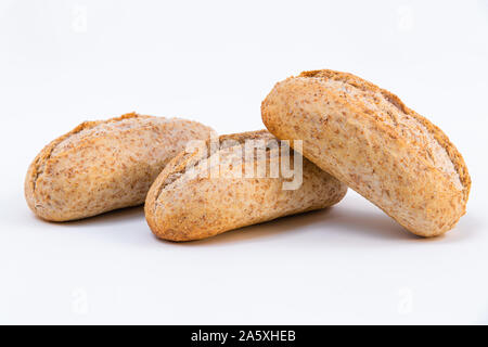 three cereal bread on white background. Food composition Stock Photo