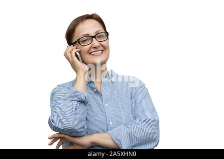 Business woman making a phone call to a partner/customer/chief isolated on white background. Stock Photo