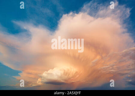 Cloudy stormy dramatic sky with lightning strike. Thunder cloudscape. Meteorology Stock Photo
