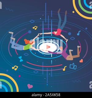 Online music play concept. Modern Isometric Online Music Entertainment Technology Illustration With People and Digital Related Asset. Stock Vector