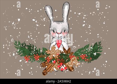 Greeting card with christmas rabbit. Ash color. Fir branches and holiday decorations. Children's style.. Stock Vector