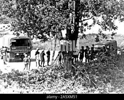 Panmunjon, Korea. Tree pruning incident 18 August 1976, at the Joint Security Area (Panmunjon) within the Demilitarized Zone separating Norht Korea and Sourh Korea. In this incident, two UNC guard officers of the US Army, Major Arthur G. Bonifas and 1st Lt. Mark T. Barrett, were hacked to death by a gang of more than thirty North Korean Security Guards. Some of the North Korean Guards got axes that the KSC workmen were using to prune the tree and used them on the UNC Guards which resulted in the deaths of the two US Army Officers Stock Photo