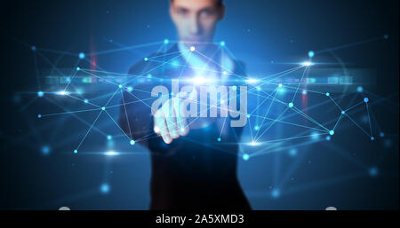 Man touching hologram screen displaying modern web system Stock Photo