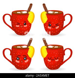 Kawaii cups. Reds. Winter patterns. Set of characters with chocolate and marshmallows.. Stock Vector