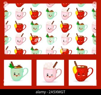 Christmas set. Greeting cards and pattern. Clipart cups. Cute cartoon characters. Stock Vector