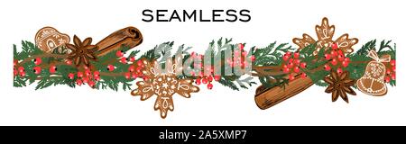 Seamless Christmas border of fir branches, decorations, red berries and toys. Spruce or pine. Stock Vector