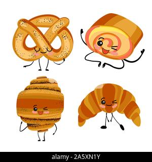 Set of sweet bakery characters. Croissant, bagel, bun and biscuit roll.. Stock Vector
