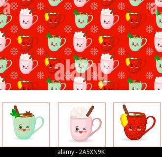 Seamless christmas pattern. Cute characters New Year. Christmas decorations. Winter drinks. Red background. Cartoon cup.. Stock Vector