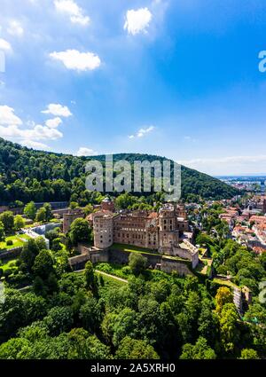 Aerial view, Heidelberg Castle and Old Town of Heidelberg with Neckar, Baden-Wurttemberg, Germany Stock Photo