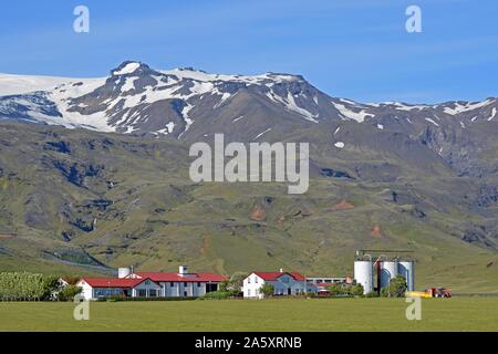 Farm located at the foot of a mountain in the middle of green meadows below the glaciated Eyjafjallajokull Volcano, Suourland, Sudurland, South Stock Photo