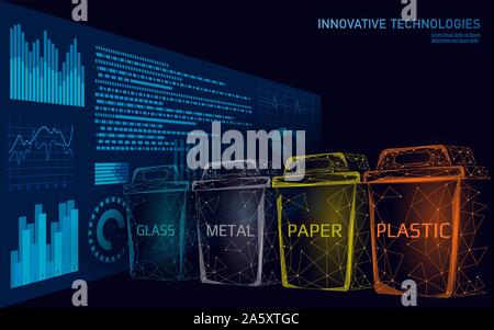 Low poly waste separation 3D concept. Garbage recycle plastic aluminium paper glass container bin. Polygonal ecological save planet campaign. Urban Stock Vector