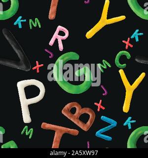 Seamless pattern with alphabet. Handmade modeling clay letters. Realistic 3d vector lettering background. Stock Vector