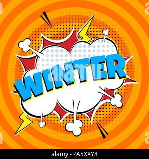 Comic Lettering Winter In The Speech Bubbles Comic Style Flat Design. Dynamic Pop Art Vector Illustration Isolated On Rays Background. Exclamation Con Stock Vector