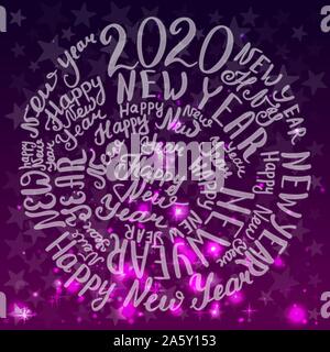 2020 New Year. Handwritten phrase. Vector illustration. Purple background with stars Stock Vector