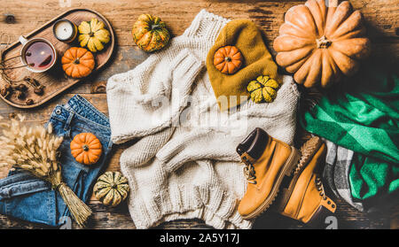 Flat-lay of fall trendy women outfit layout Stock Photo