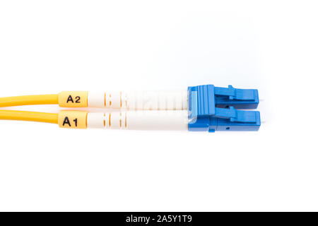 Fiber optic cables single mode LC isolated on white background Stock Photo