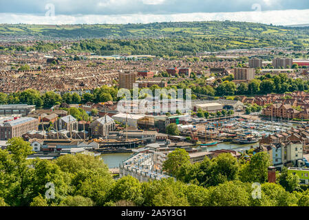 View from Brandon Hill over the city center of Bristol, seen from the Cabot Tower, Somerset, England, UK Stock Photo