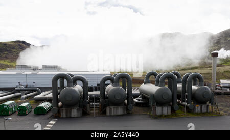 Hellisheidi sustainable energy geothermal power plant station in Hengill, Iceland. Geothermal outlets for steam. Stock Photo