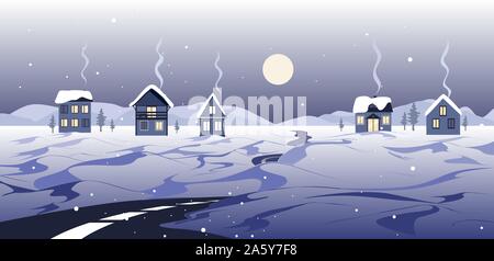 Fairy winter landscape with road, houses and snowy hills. Village with full moon. Happy new year and Merry Christmas card. Vector illustration Stock Vector