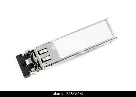 Optical gigabit SFP module for network switch isolated on over white background Stock Photo