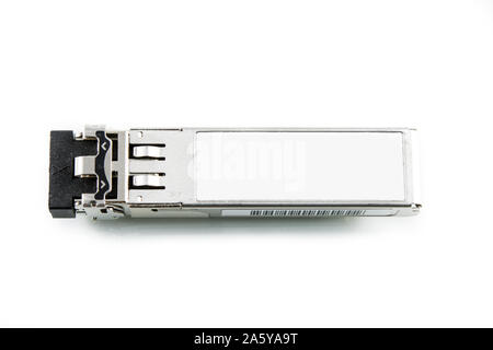 Optical gigabit SFP module for network switch isolated on over white background Stock Photo