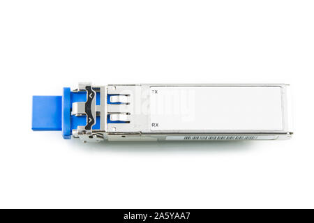 Optical gigabit SFP module for network switch isolated on over white background Stock Photo