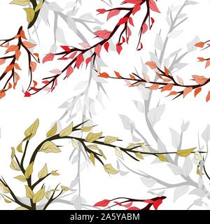 Seamless pattern on colorful backdrop. Line art branches with autumn leaves for decorative design. Seamless vector texture. Vector autumn illustration Stock Vector
