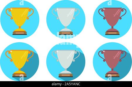 Set of gold, silver and bronze trophy icons in two versions, with and without shadow. Flat style vector illustration. Stock Vector