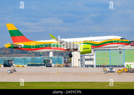 Stuttgart/Germany October 26, 2019: Airbus A220-300 Production List  YL-CSK (cn 55039)  at Stuttgart Airport. Stock Photo