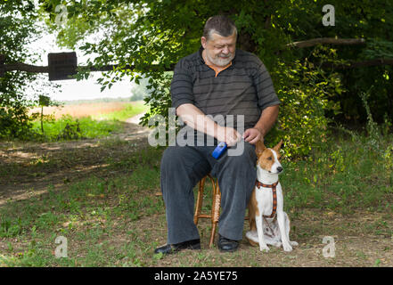 Senior man admiring his basenji dog while sitting on a stool next to his four-legged friend  in summer park Stock Photo