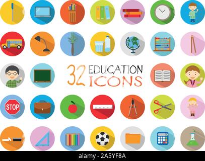 32 Education Icons Set. Colorful, flat style vector Illustration. Stock Vector
