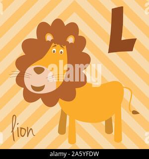 Cute cartoon zoo illustrated alphabet with funny animals: L for Lion. English alphabet. Learn to read. Isolated Vector illustration. Stock Vector