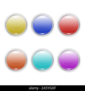 Set Vector realistic color plastic buttons with metal frame isolated on white background. 3D illustration. Stock Vector