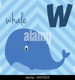 Cute cartoon zoo illustrated alphabet with funny animals: W for Whale. English alphabet. Learn to read. Isolated Vector illustration. Stock Vector