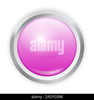 Vector realistic purple plastic button with metal frame isolated on white background. 3D illustration. Stock Vector