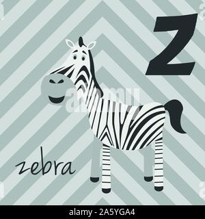 Cute cartoon zoo illustrated alphabet with funny animals: Z for Zebra. English alphabet. Learn to read. Isolated Vector illustration. Stock Vector
