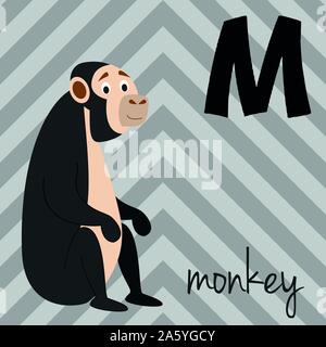 Cute cartoon zoo illustrated alphabet with funny animals: M for Monkey. English alphabet. Learn to read. Isolated Vector illustration. Stock Vector