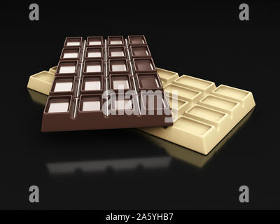 3d rendering of dark and white chocolate bars isolated on black. Stock Photo