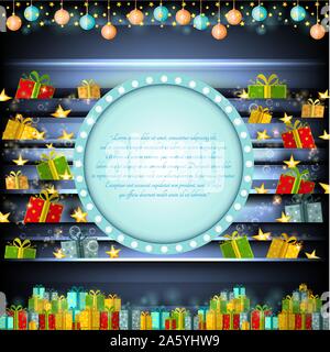 Blue circle frame on silver christmas background with golden stars and present boxes Stock Vector