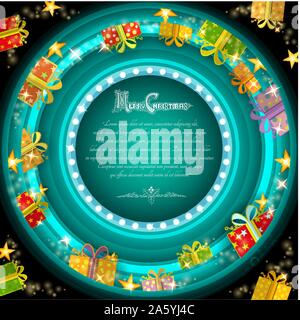 Blue circle frame on turquoise christmas tunnel background with golden stars and present boxes Stock Vector