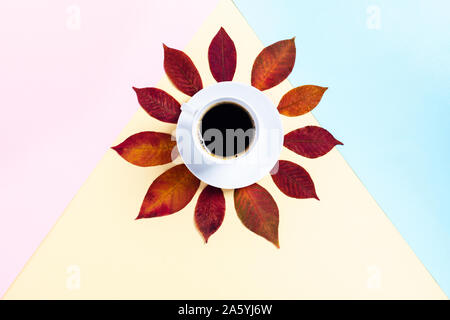 Delicious cappuccino in white Cup with plate on pink blue and yellow background surrounded by autumn leaves. Flat lay, top view. Stock Photo