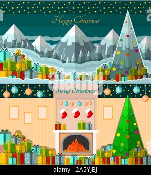 gift-boxes on snow with winter mountains trees background and gift-boxes near fireplace two new year backgrounds cards Stock Vector