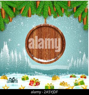 Gift boxes on winter frost landscape with round wood border from fir tree branch Stock Vector