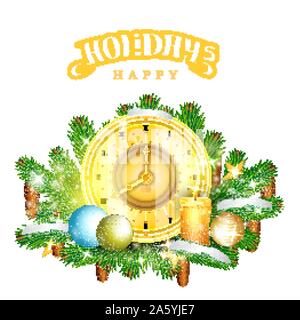 clock with candles stand on fir tree branches. Christmas glossy element on white Stock Vector