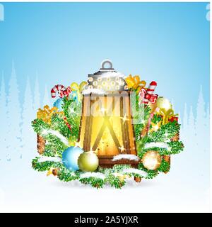 lamp with candles stand on snowy fir tree branches with presents. Christmas glossy element on forest landscape background Stock Vector
