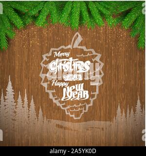 happy holiday lettering cone frame nd lndscape silhouette on vintage wood background with fir tree branch Stock Vector