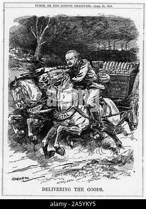 David Lloyd George (1863-1945) Welsh-born British statesman, was appointed Minister of Munitions in 1915. Here he is shown driving at full speed a cart of munitions produced by both Capital and Labour. Cartoon by Leonard Raven-Hill from Punch' London. Stock Photo